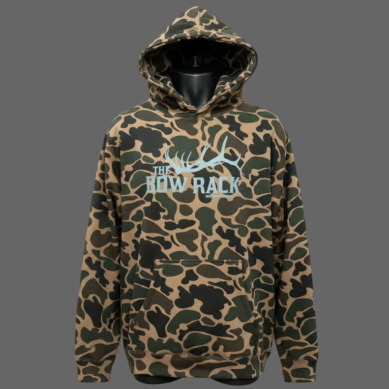 Camouflage hoodie with 'The Bow Rack' logo on a wooden surface.