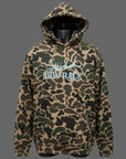 Camouflage hoodie with 'The Bow Rack' logo on a wooden surface.